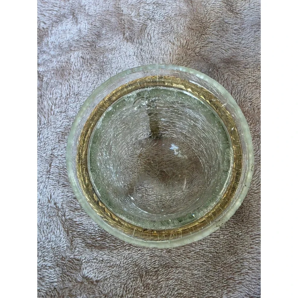 Vintage Crackle Glass Votive Candle Holder with Brass Tone Metal Tripod Stand
